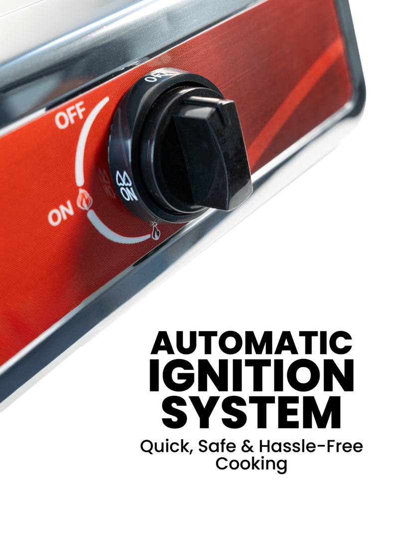 TEAM Stainless Steel Double Burner Gas Stove | Heavy-Duty Cast Iron Burners, Automatic Ignition, Adjustable Damper, Detachable Drip Pan - Image 4